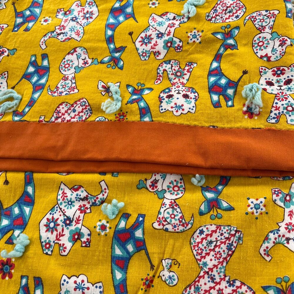 Retro Vintage HAND STITCHED Child Blanket Yellow Orange Multi Animals ADORABLE